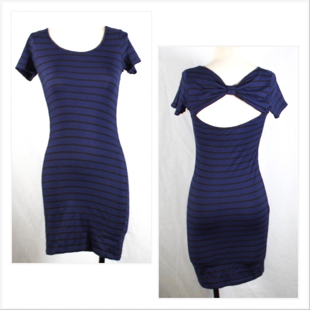 Dark Blue and Black Striped Dress with Bow Design Back